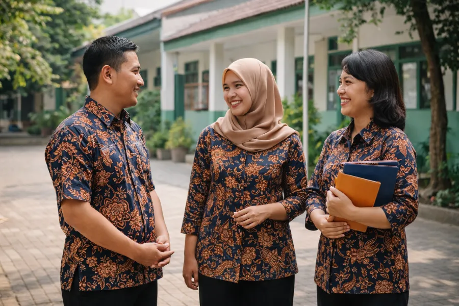 Klien perusahaan Jakarta Timur mengenakan seragam batik custom produksi Versatra Batik