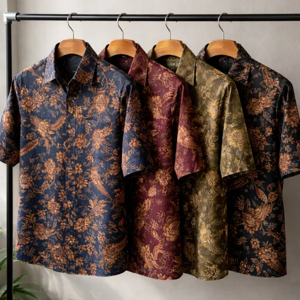 Seragam batik custom perusahaan dengan logo yang diproduksi di toko Versatra Pasar Rebo