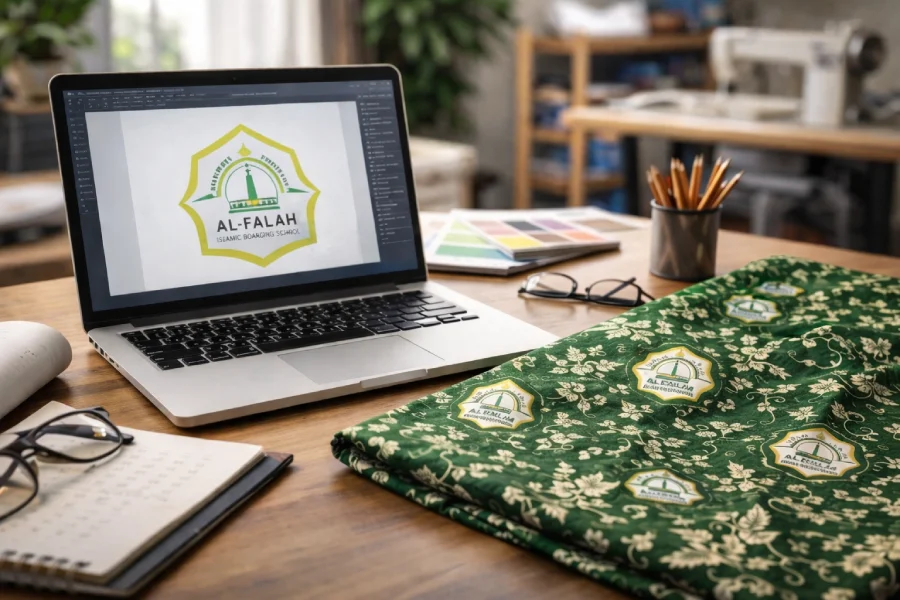 Contoh seragam batik dengan logo sekolah dan perusahaan hasil cetak Versatra Batik Jakarta Timur