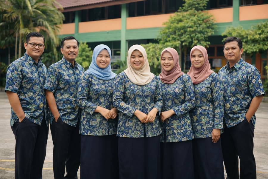 Guru dan staf sekolah mengenakan seragam batik custom produksi Versatra untuk institusi pendidikan Jakarta