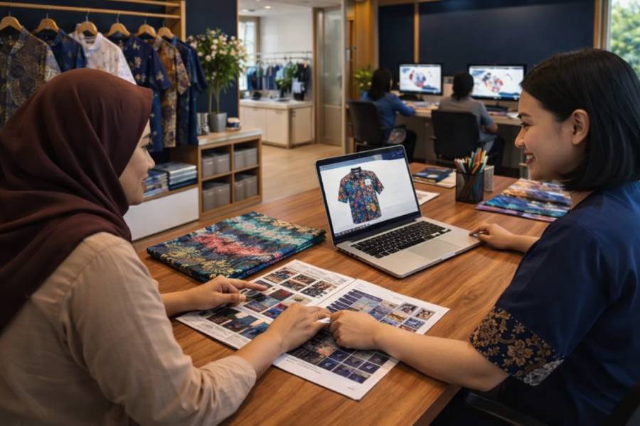 Konsultasi pembuatan batik custom satuan untuk kebutuhan personal di workshop Versatra Pasar Rebo Jakarta