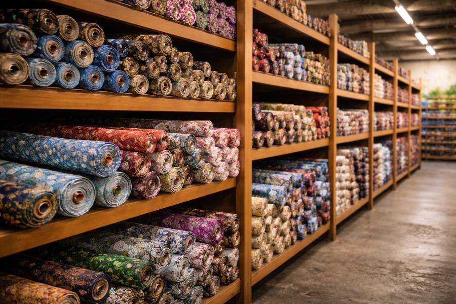 Inventory kain batik siap produksi di gudang konveksi Versatra Pasar Rebo Jakarta Timur