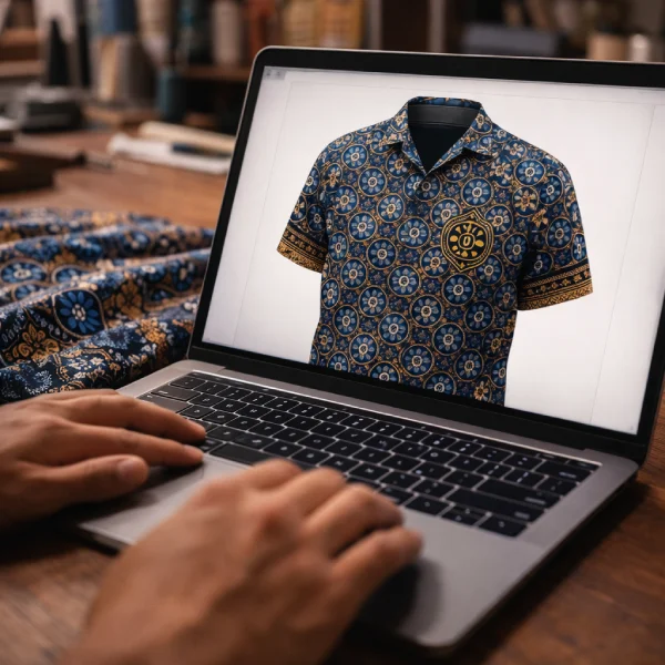 Mockup digital seragam batik logo yang disiapkan tim desain Versatra sebelum produksi di Pasar Rebo